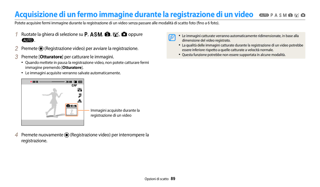 Samsung EC-WB350FBPBE1, EC-WB350FBPUE1 Ruotate la ghiera di selezione su p, G, s, i, g oppure T, Registrazione di un video 