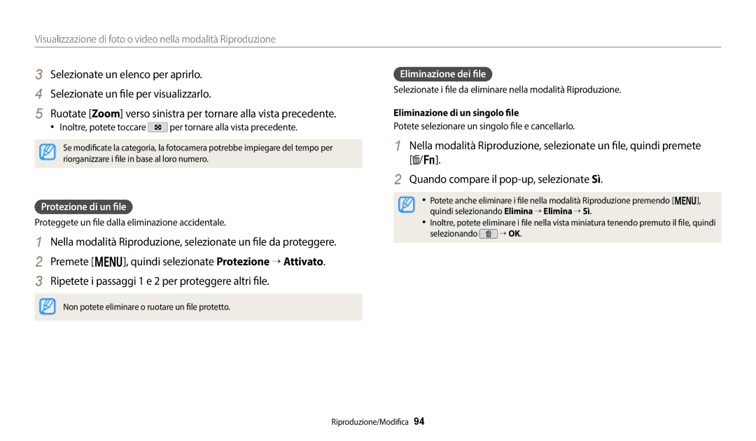 Samsung EC-WB350FBPBE1, EC-WB350FBPUE1 manual Protezione di un file, Eliminazione dei file, Eliminazione di un singolo file 