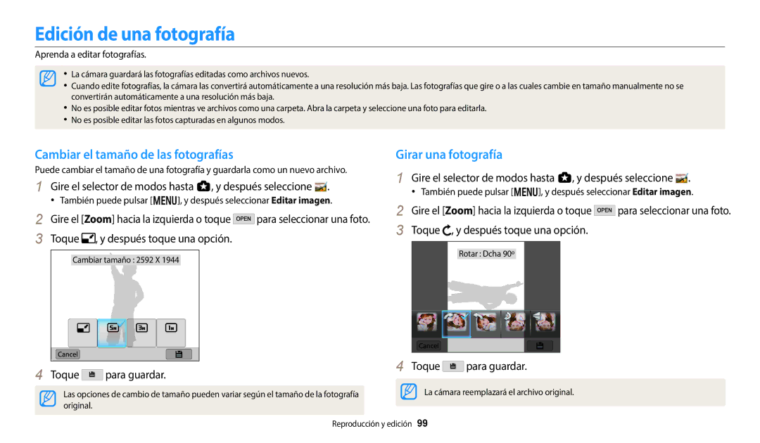 Samsung EC-WB50FZBPBE1 manual Edición de una fotografía, Cambiar el tamaño de las fotografías, Girar una fotografía 