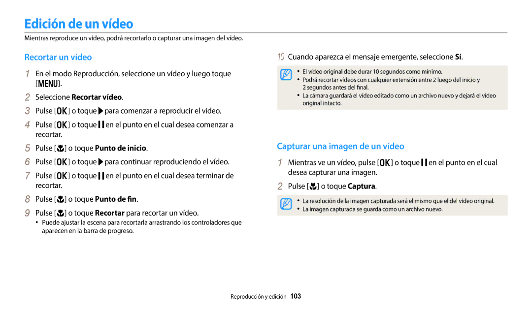 Samsung EC-WB350FBPBE1 Edición de un vídeo, Recortar un vídeo, Capturar una imagen de un vídeo, Seleccione Recortar vídeo 