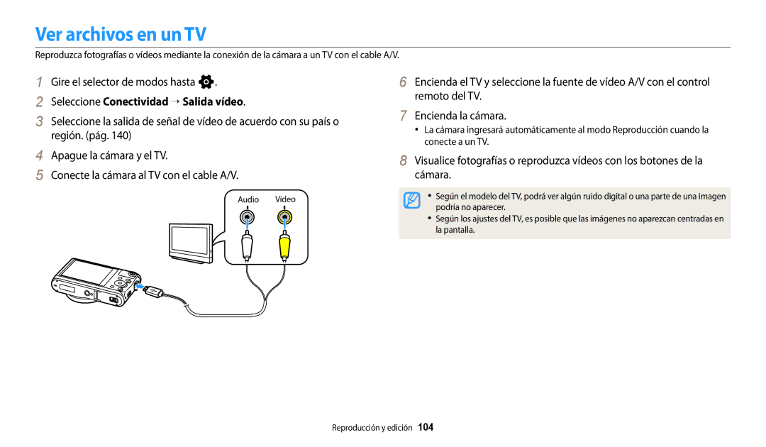 Samsung EC-WB50FZBPWE1, EC-WB350FBPBE1, EC-WB350FBPWE1 manual Ver archivos en un TV, Seleccione Conectividad → Salida vídeo 