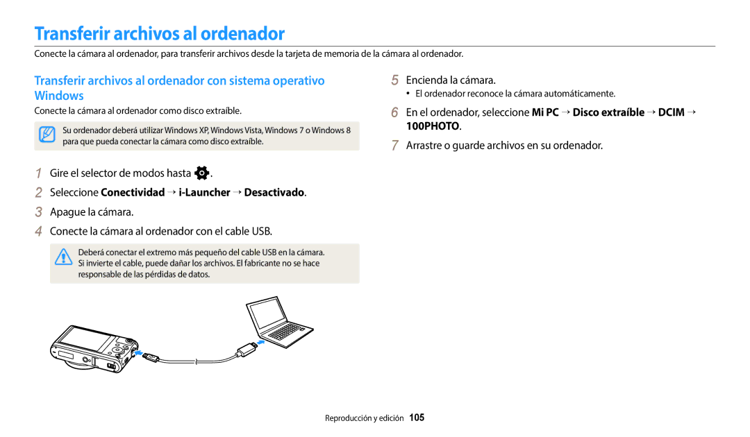 Samsung EC-WB350FBPWE1 manual Transferir archivos al ordenador, Seleccione Conectividad → i-Launcher → Desactivado 