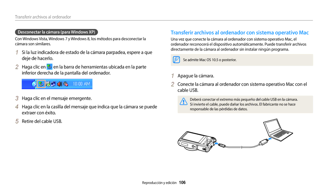 Samsung EC-WB352FBDBE1 Transferir archivos al ordenador con sistema operativo Mac, Desconectar la cámara para Windows XP 