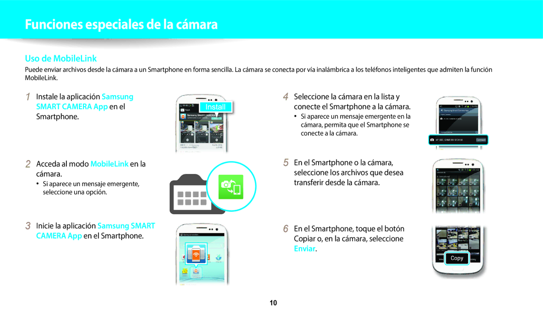 Samsung EC-WB352FBDBE1, EC-WB350FBPBE1, EC-WB50FZBPWE1 manual Uso de MobileLink, Acceda al modo MobileLink en la cámara 