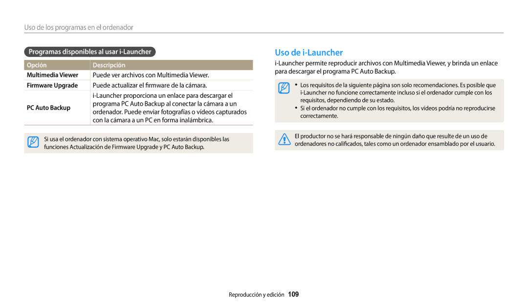 Samsung EC-WB352FBDWE1 Uso de i-Launcher, Programas disponibles al usar i-Launcher, Multimedia Viewer, Firmware Upgrade 