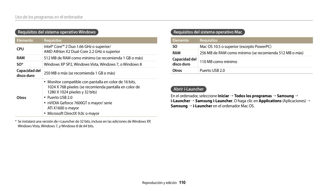 Samsung EC-WB50FZBPRE1 Requisitos del sistema operativo Windows, Requisitos del sistema operativo Mac, Abrir i-Launcher 