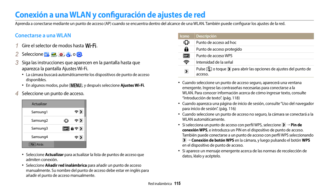 Samsung EC-WB50FZBPBE1, EC-WB350FBPBE1 manual Conexión a una Wlan y configuración de ajustes de red, Conectarse a una Wlan 