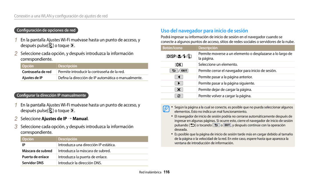 Samsung EC-WB350FBPNE1, EC-WB350FBPBE1 manual Uso del navegador para inicio de sesión, Seleccione Ajustes de IP → Manual 