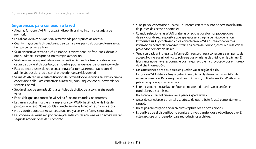 Samsung EC-WB352FBDWE1, EC-WB350FBPBE1, EC-WB50FZBPWE1, EC-WB350FBPWE1, EC-WB352FBDBE1 Sugerencias para conexión a la red 