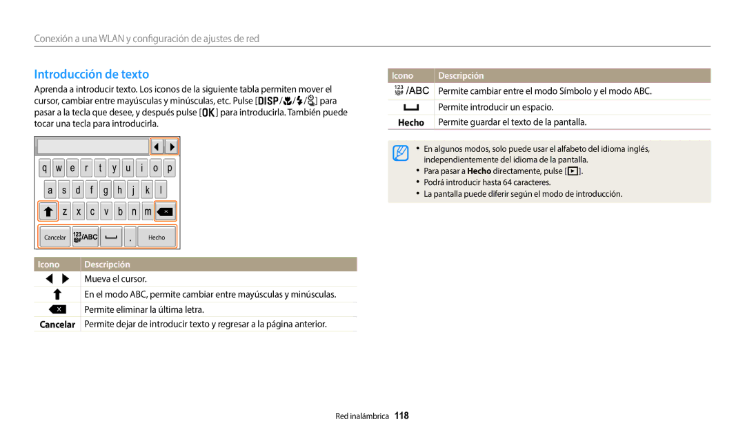 Samsung EC-WB50FZBPRE1, EC-WB350FBPBE1 Introducción de texto, Permite cambiar entre el modo Símbolo y el modo ABC, Hecho 