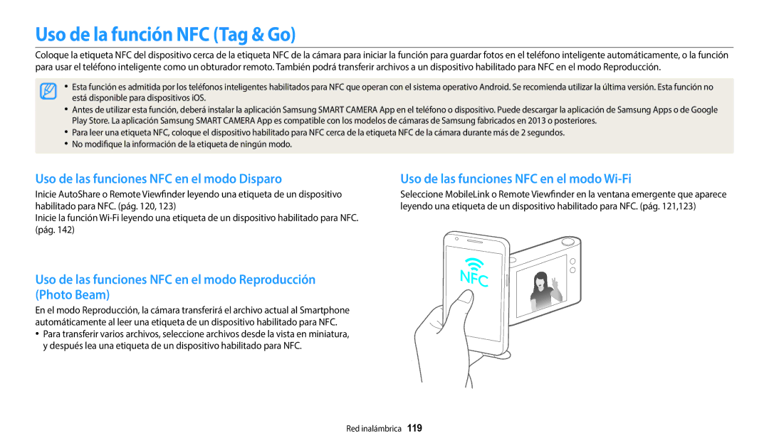 Samsung EC-WB350FBPBE1, EC-WB50FZBPWE1 manual Uso de la función NFC Tag & Go, Uso de las funciones NFC en el modo Disparo 