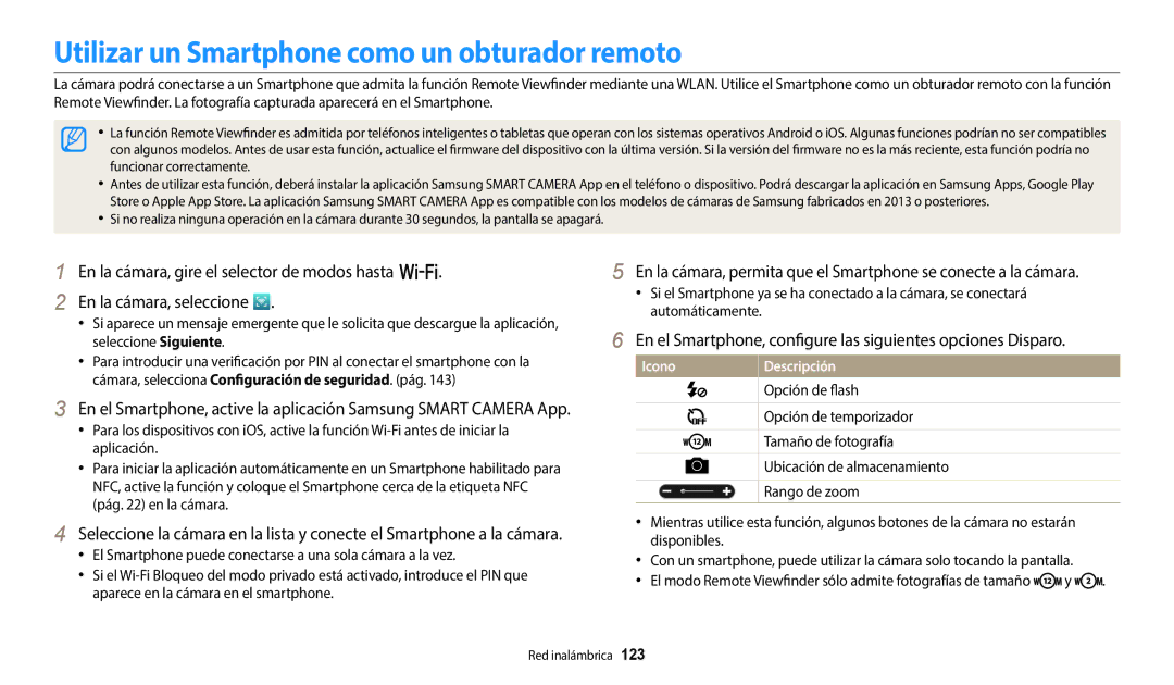 Samsung EC-WB50FZBPBE1, EC-WB350FBPBE1, EC-WB50FZBPWE1, EC-WB350FBPWE1 manual Utilizar un Smartphone como un obturador remoto 