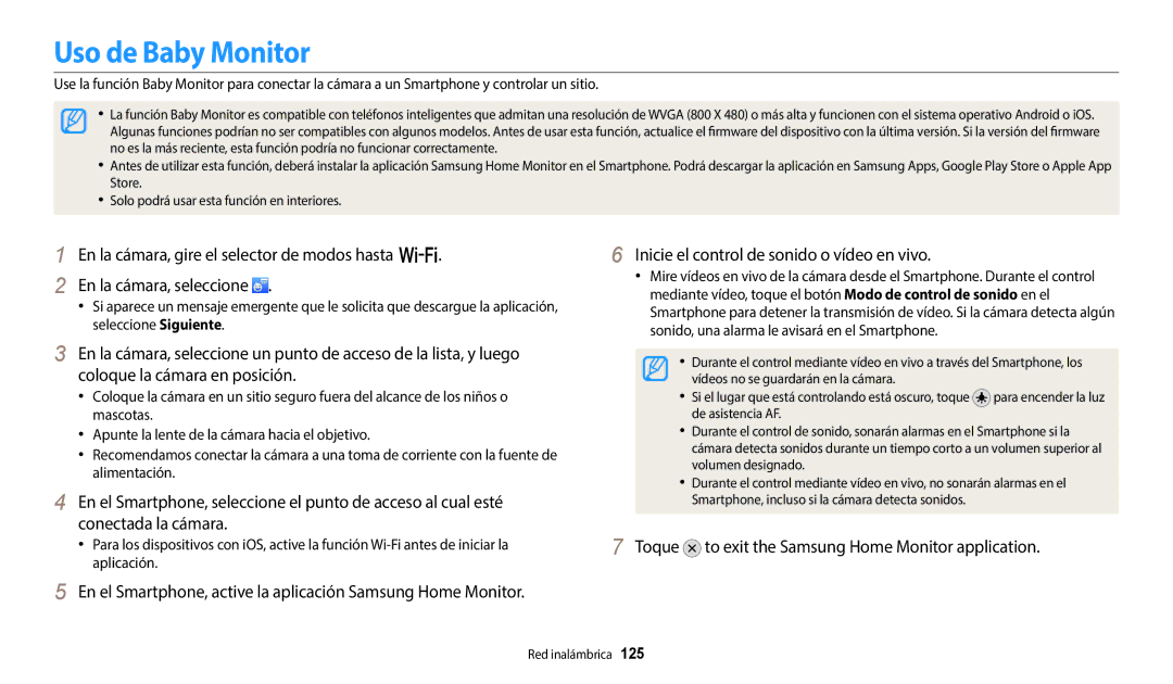 Samsung EC-WB352FBDWE1, EC-WB350FBPBE1 manual Uso de Baby Monitor, Toque to exit the Samsung Home Monitor application 