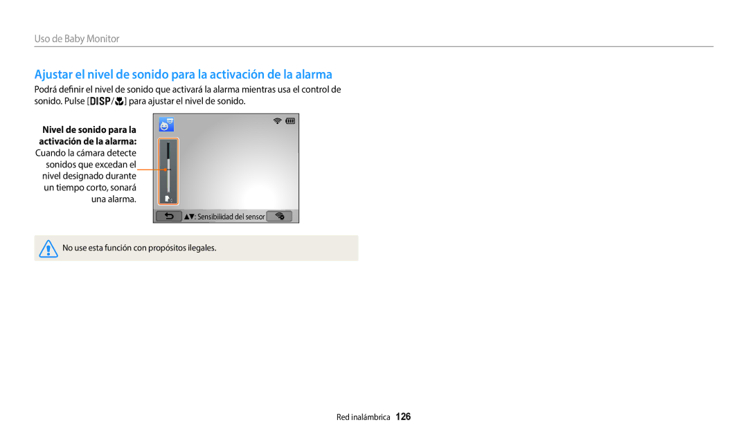 Samsung EC-WB50FZBPRE1, EC-WB350FBPBE1, EC-WB50FZBPWE1 manual Ajustar el nivel de sonido para la activación de la alarma 