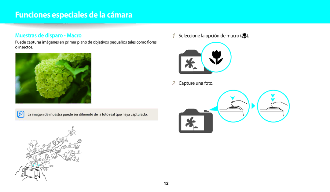 Samsung EC-WB350FBPNE1, EC-WB350FBPBE1 manual Muestras de disparo Macro, Seleccione la opción de macro Capture una foto 