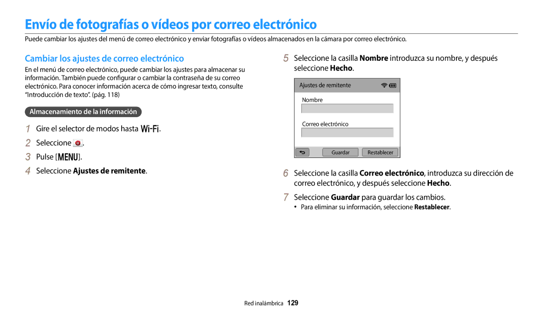 Samsung EC-WB350FBPWE1 Envío de fotografías o vídeos por correo electrónico, Cambiar los ajustes de correo electrónico 