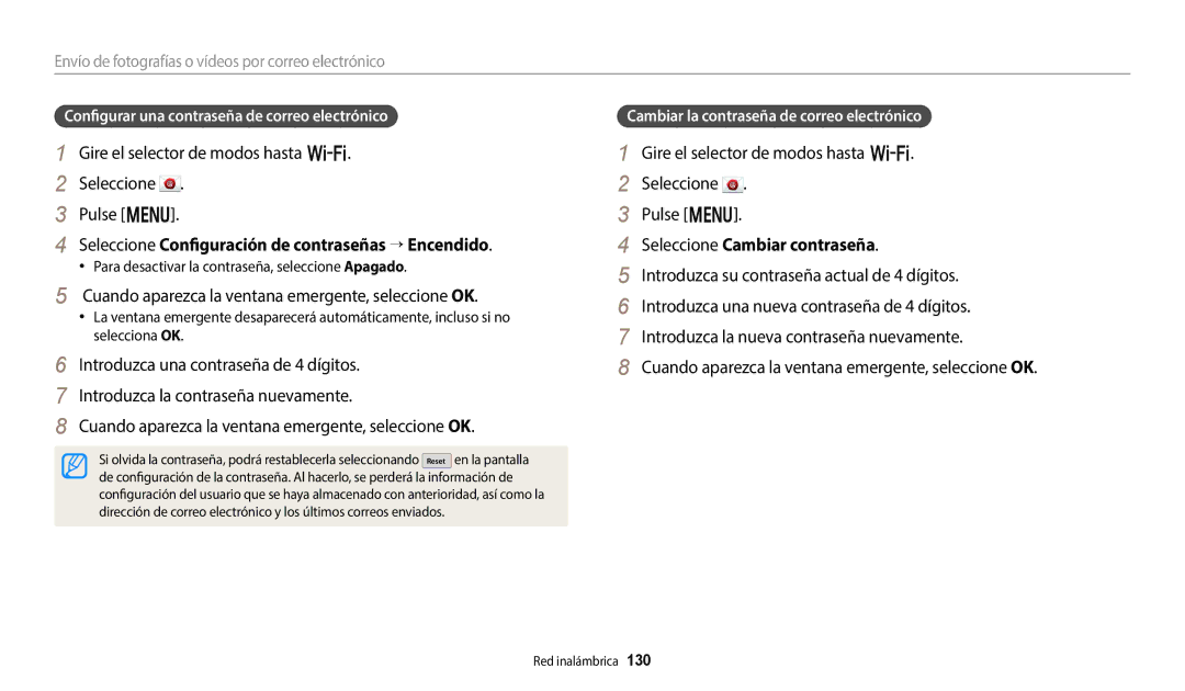 Samsung EC-WB352FBDBE1, EC-WB350FBPBE1 Seleccione Configuración de contraseñas → Encendido, Seleccione Cambiar contraseña 