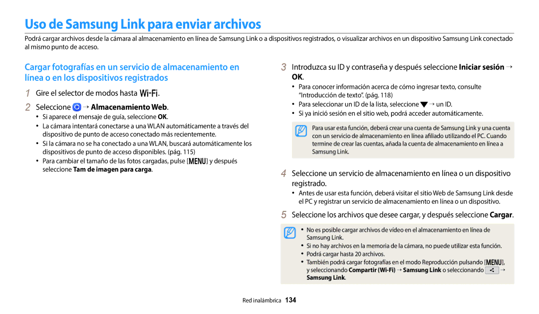 Samsung EC-WB50FZBPRE1, EC-WB350FBPBE1 manual Uso de Samsung Link para enviar archivos, Gire el selector de modos hasta w 