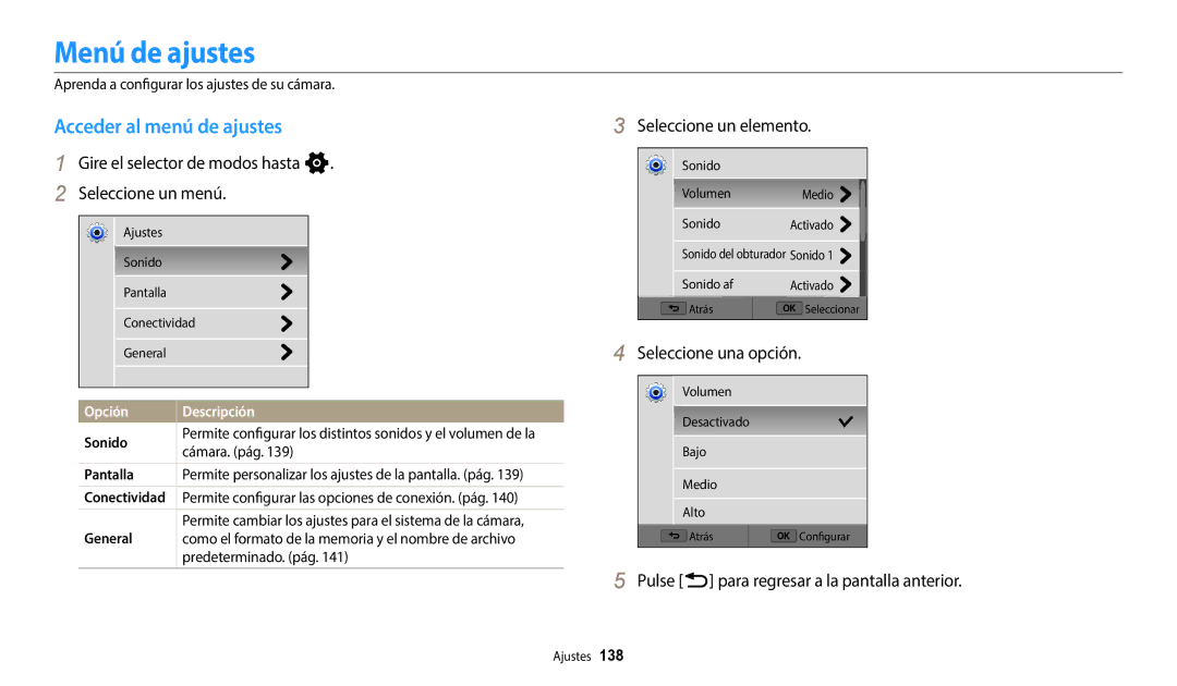 Samsung EC-WB352FBDBE1 Menú de ajustes, Acceder al menú de ajustes, Gire el selector de modos hasta n Seleccione un menú 