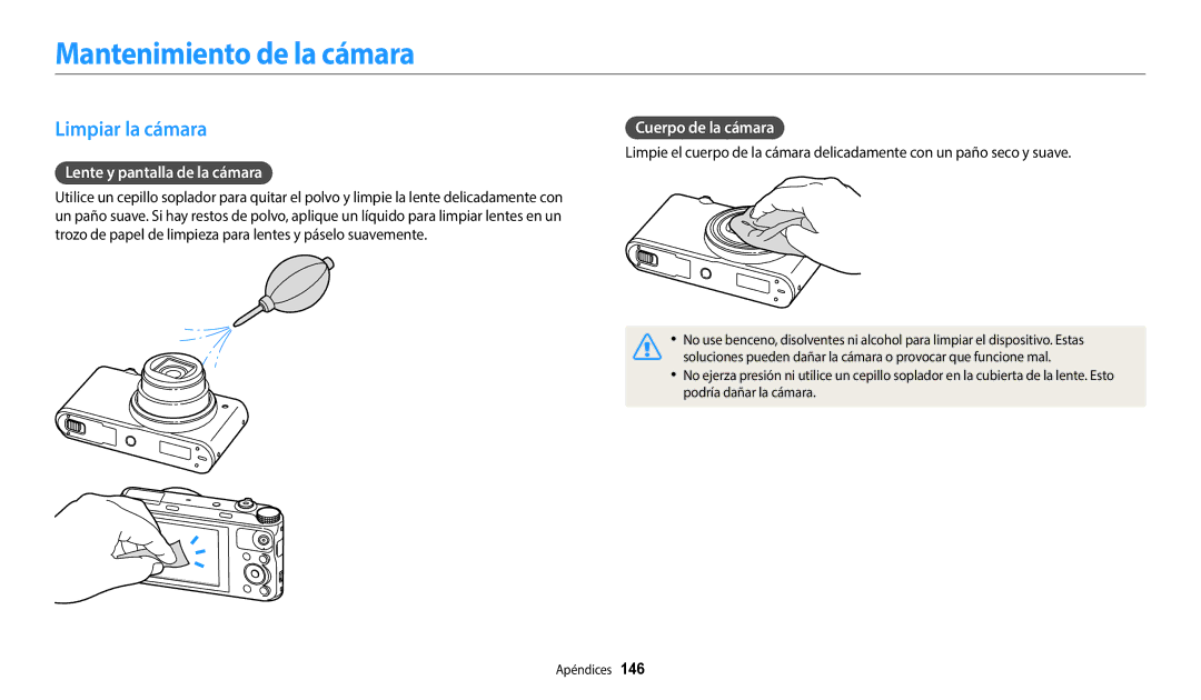 Samsung EC-WB352FBDBE1 Mantenimiento de la cámara, Limpiar la cámara, Lente y pantalla de la cámara, Cuerpo de la cámara 