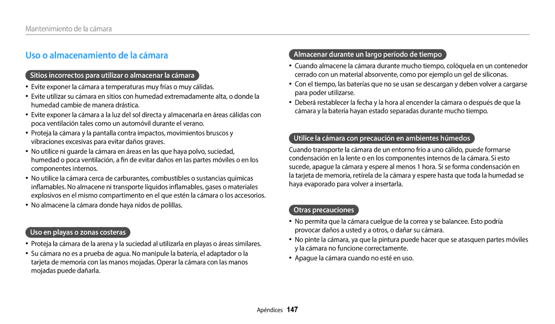 Samsung EC-WB50FZBPBE1, EC-WB350FBPBE1, EC-WB50FZBPWE1, EC-WB350FBPWE1, EC-WB352FBDBE1 manual Uso o almacenamiento de la cámara 