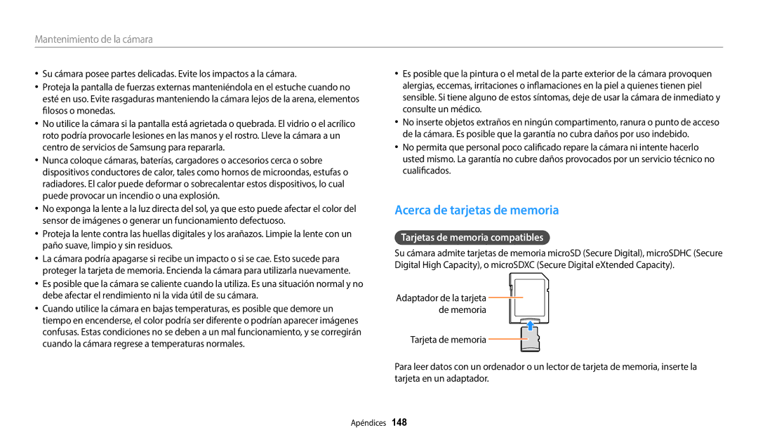 Samsung EC-WB350FBPNE1, EC-WB350FBPBE1, EC-WB50FZBPWE1 manual Acerca de tarjetas de memoria, Tarjetas de memoria compatibles 