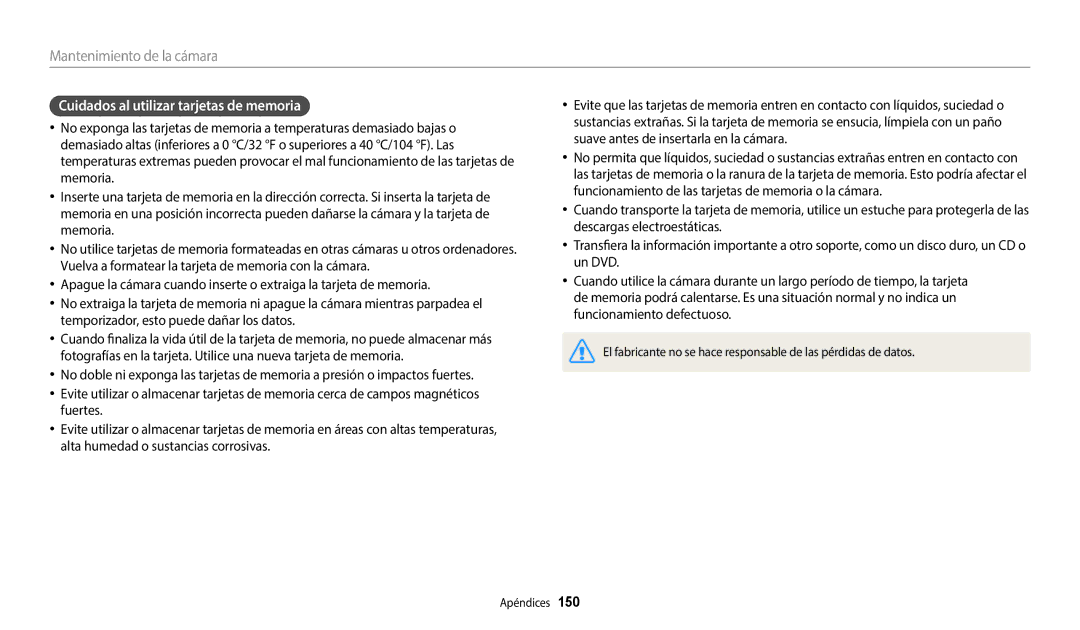 Samsung EC-WB50FZBPRE1, EC-WB350FBPBE1, EC-WB50FZBPWE1, EC-WB350FBPWE1 manual Cuidados al utilizar tarjetas de memoria 