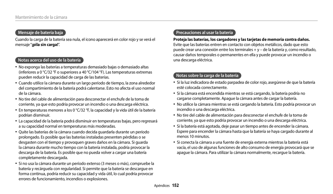 Samsung EC-WB50FZBPWE1 manual Mensaje de batería baja, Notas acerca del uso de la batería, Precauciones al usar la batería 