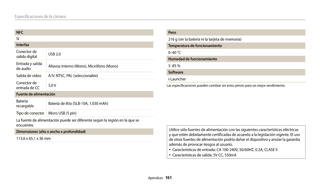 Samsung EC-WB350FBPWE1 manual Interfaz, Fuente de alimentación, Dimensiones alto x ancho x profundidad, Peso, Software 