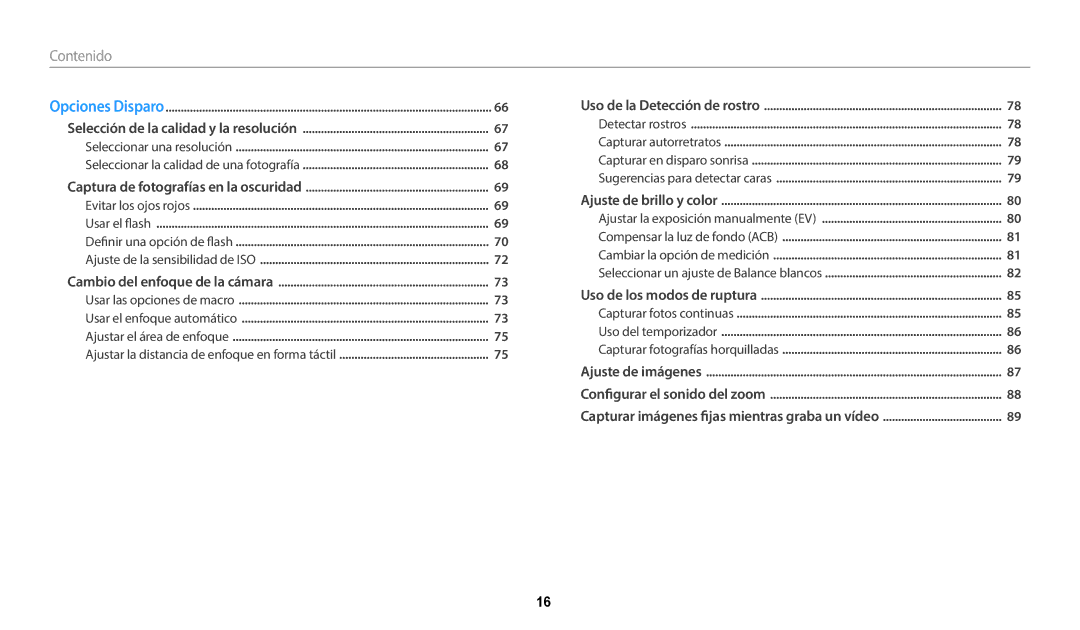 Samsung EC-WB50FZBPWE1, EC-WB350FBPBE1, EC-WB350FBPWE1, EC-WB352FBDBE1, EC-WB50FZBPBE1, EC-WB350FBPNE1 manual Contenido 