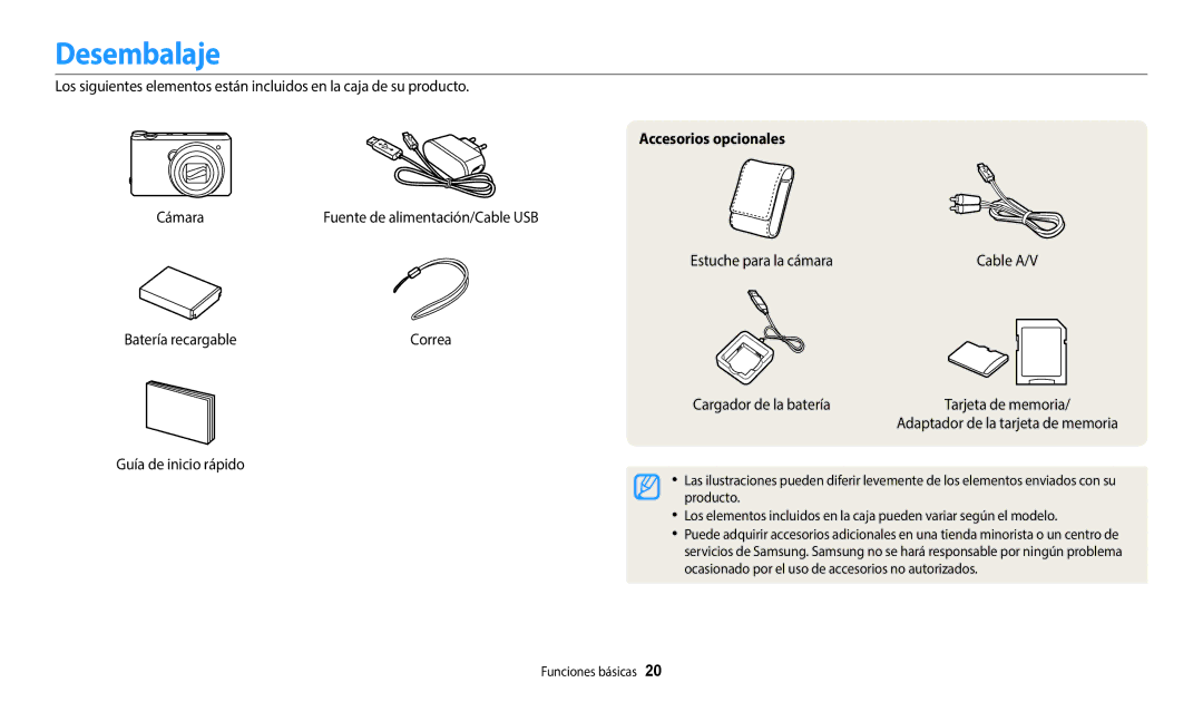 Samsung EC-WB350FBPNE1, EC-WB350FBPBE1 manual Desembalaje, Batería recargable, Guía de inicio rápido, Accesorios opcionales 
