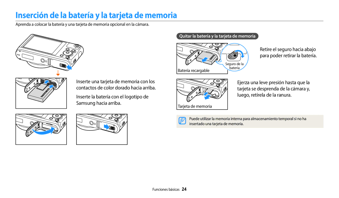 Samsung EC-WB50FZBPWE1, EC-WB350FBPBE1, EC-WB350FBPWE1, EC-WB352FBDBE1 manual Inserción de la batería y la tarjeta de memoria 