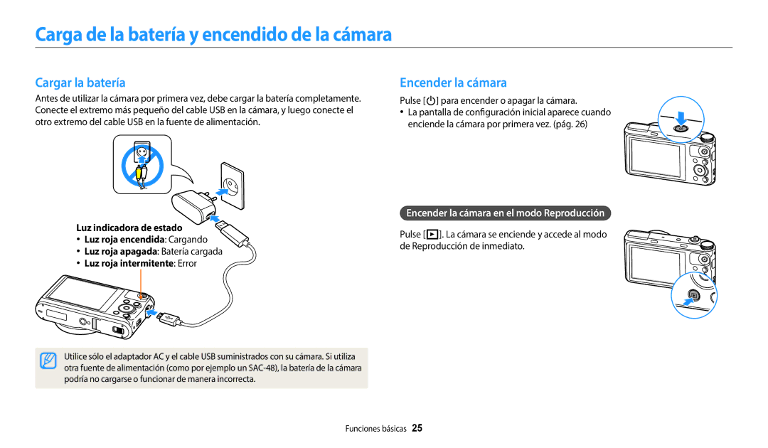 Samsung EC-WB350FBPWE1, EC-WB350FBPBE1 Carga de la batería y encendido de la cámara, Cargar la batería, Encender la cámara 