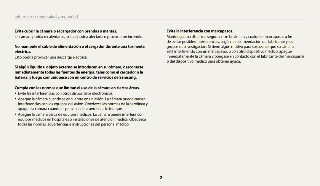 Samsung EC-WB352FBDBE1 Evite cubrir la cámara o el cargador con prendas o mantas, Evite la interferencia con marcapasos 