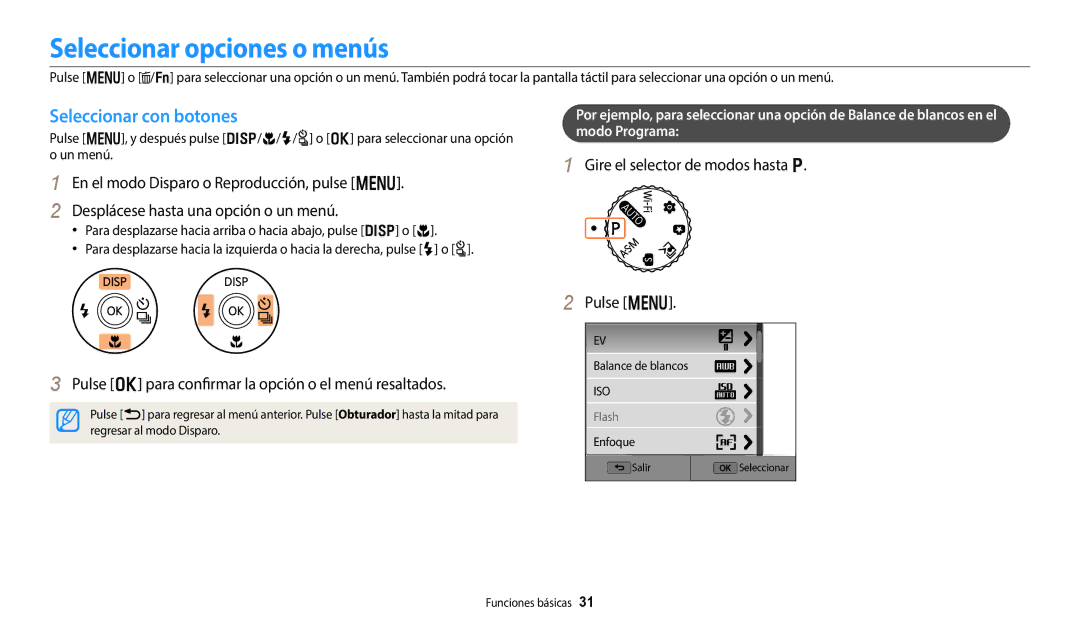 Samsung EC-WB350FBPBE1 Seleccionar opciones o menús, Seleccionar con botones, Gire el selector de modos hasta p Pulse m 