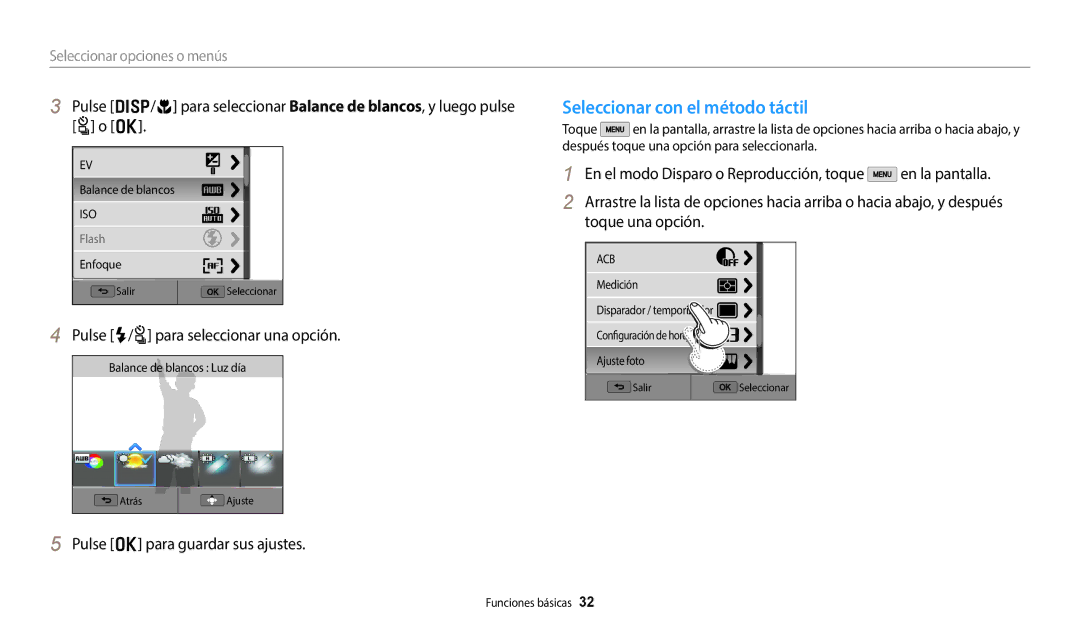 Samsung EC-WB50FZBPWE1, EC-WB350FBPBE1 manual Seleccionar con el método táctil, Pulse F/t para seleccionar una opción 