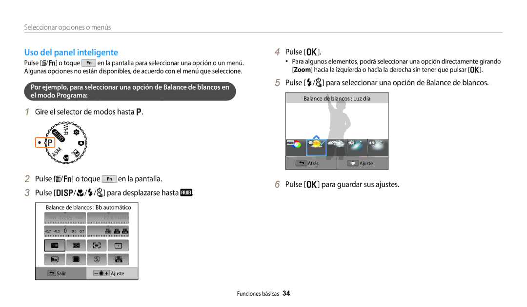 Samsung EC-WB352FBDBE1 Uso del panel inteligente, Pulse o, Pulse F/t para seleccionar una opción de Balance de blancos 