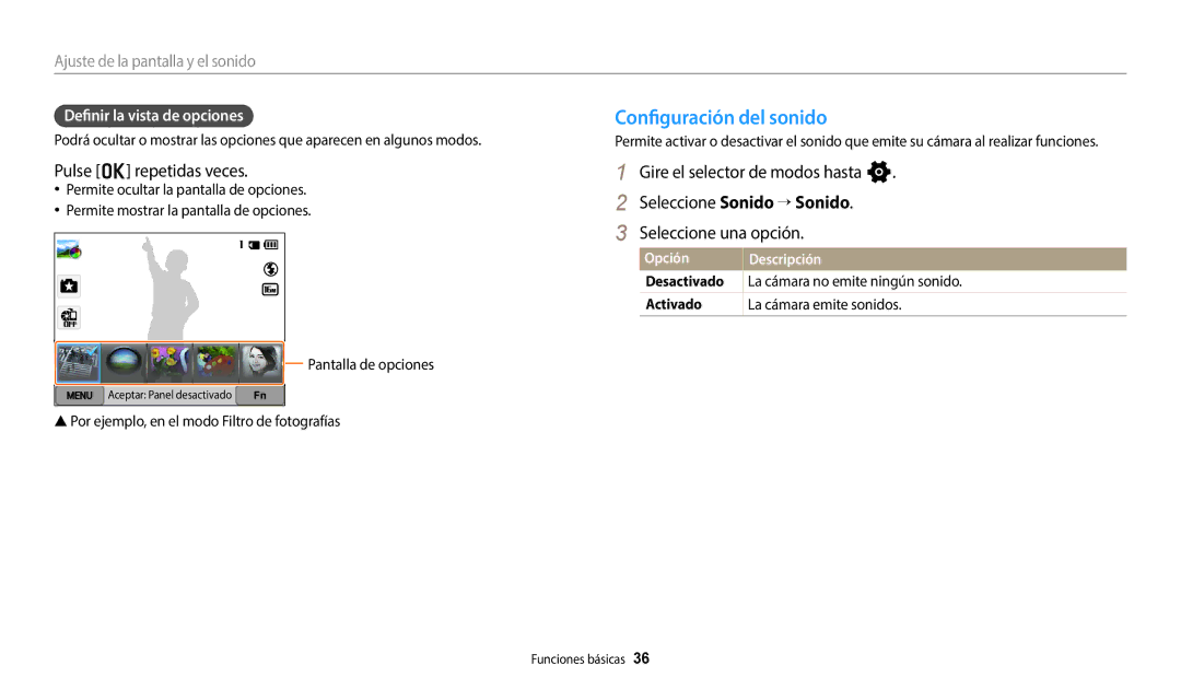 Samsung EC-WB350FBPNE1, EC-WB350FBPBE1 Configuración del sonido, Pulse o repetidas veces, Definir la vista de opciones 