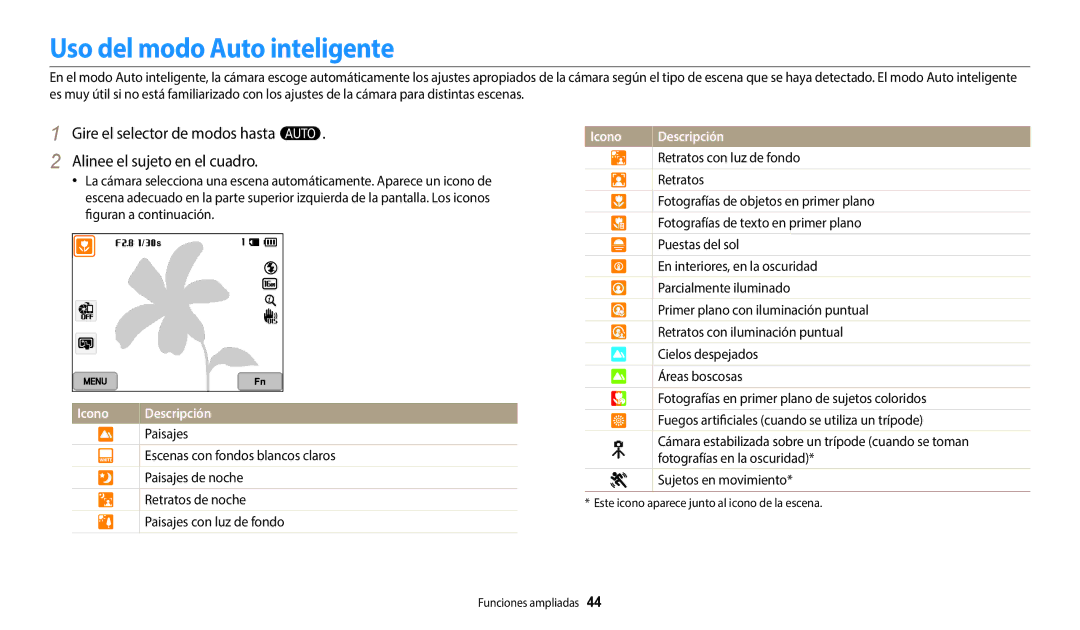 Samsung EC-WB350FBPNE1, EC-WB350FBPBE1, EC-WB50FZBPWE1, EC-WB350FBPWE1, EC-WB352FBDBE1 manual Uso del modo Auto inteligente 