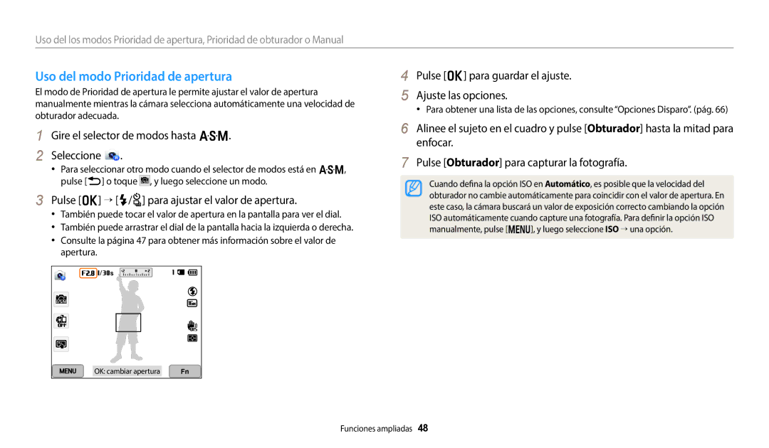 Samsung EC-WB50FZBPWE1, EC-WB350FBPBE1 Uso del modo Prioridad de apertura, Gire el selector de modos hasta G Seleccione 