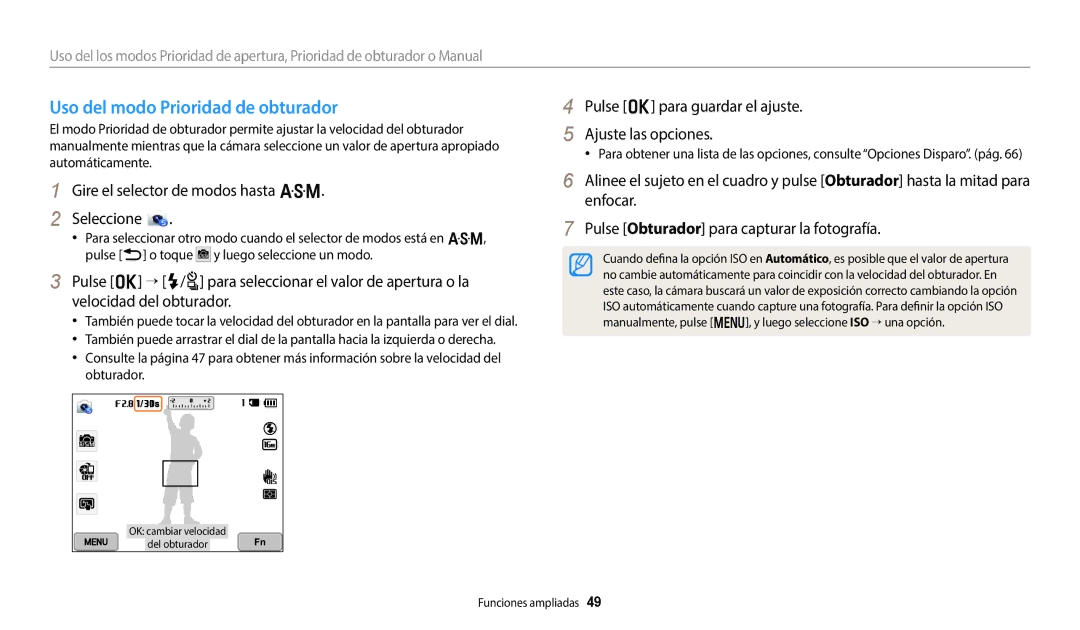 Samsung EC-WB350FBPWE1, EC-WB350FBPBE1, EC-WB50FZBPWE1, EC-WB352FBDBE1, EC-WB50FZBPBE1 Uso del modo Prioridad de obturador 