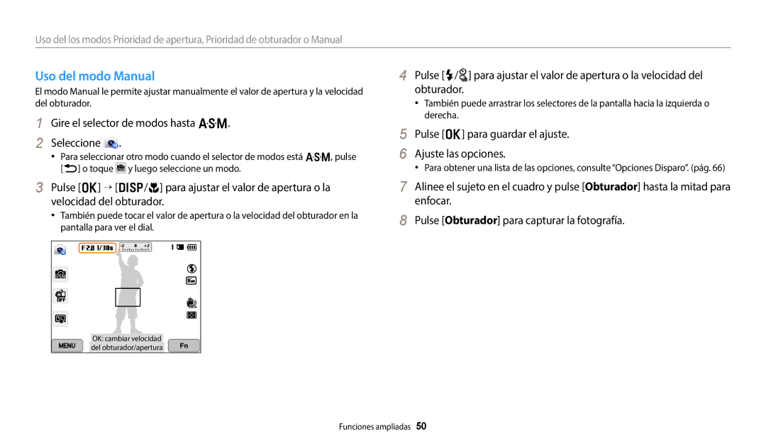 Samsung EC-WB352FBDBE1, EC-WB350FBPBE1, EC-WB50FZBPWE1, EC-WB350FBPWE1, EC-WB50FZBPBE1, EC-WB350FBPNE1 Uso del modo Manual 