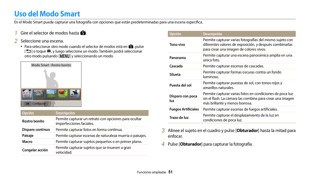 Samsung EC-WB50FZBPBE1 Uso del Modo Smart, Gire el selector de modos hasta s Seleccione una escena, Opción Descripción 