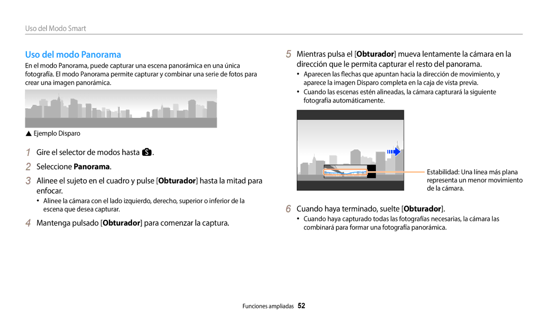 Samsung EC-WB350FBPNE1, EC-WB350FBPBE1 manual Uso del modo Panorama, Mantenga pulsado Obturador para comenzar la captura 