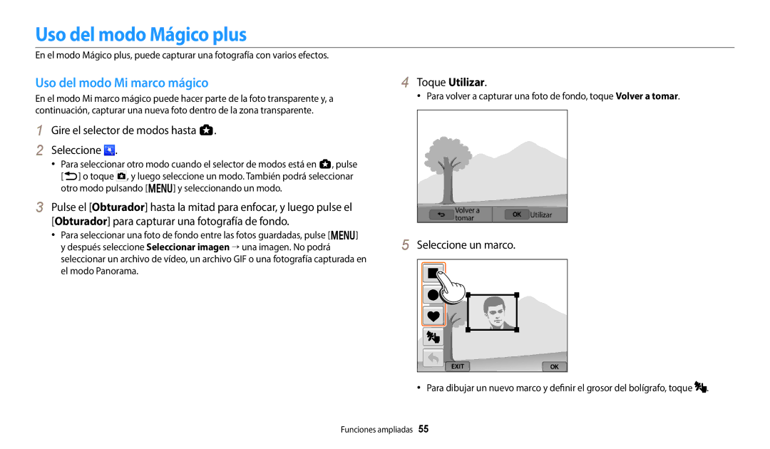 Samsung EC-WB350FBPBE1 manual Uso del modo Mágico plus, Uso del modo Mi marco mágico, Toque Utilizar, Seleccione un marco 