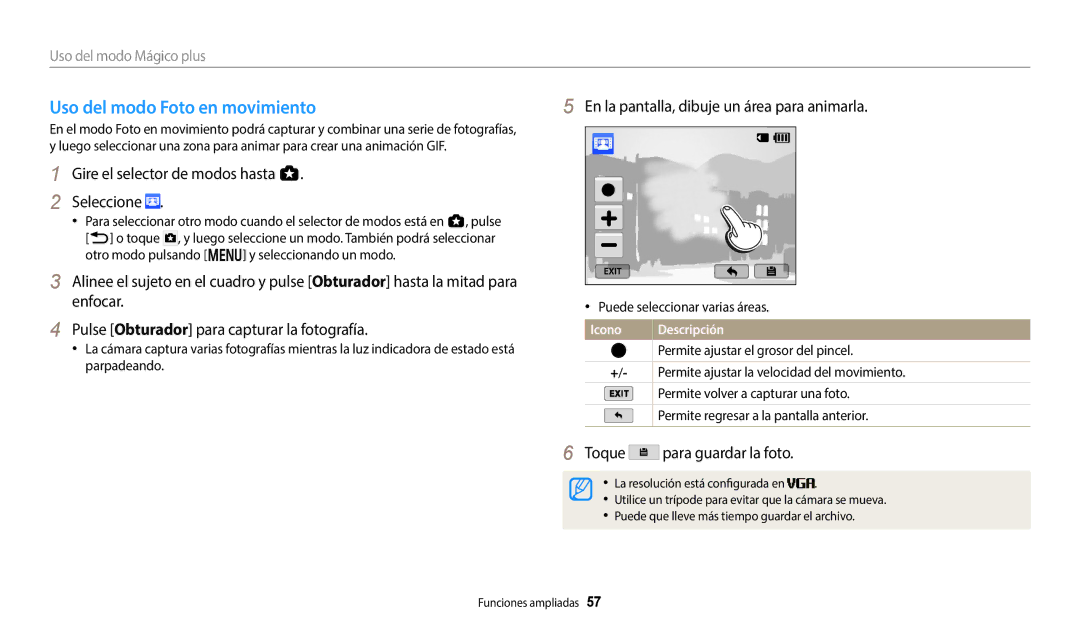 Samsung EC-WB350FBPWE1, EC-WB350FBPBE1 manual Uso del modo Foto en movimiento, En la pantalla, dibuje un área para animarla 