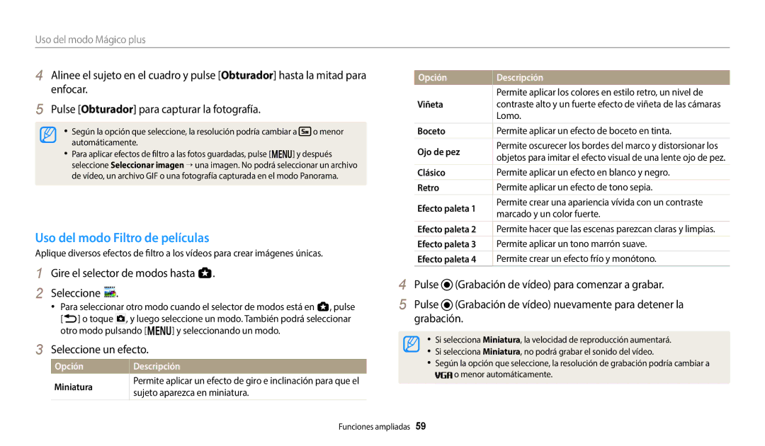 Samsung EC-WB50FZBPBE1 manual Uso del modo Filtro de películas, Opción Descripción Miniatura, Sujeto aparezca en miniatura 