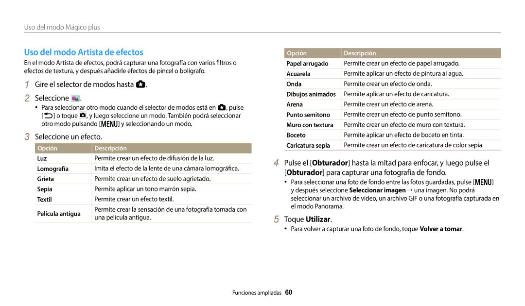 Samsung EC-WB350FBPNE1, EC-WB350FBPBE1, EC-WB50FZBPWE1, EC-WB350FBPWE1, EC-WB352FBDBE1 manual Uso del modo Artista de efectos 