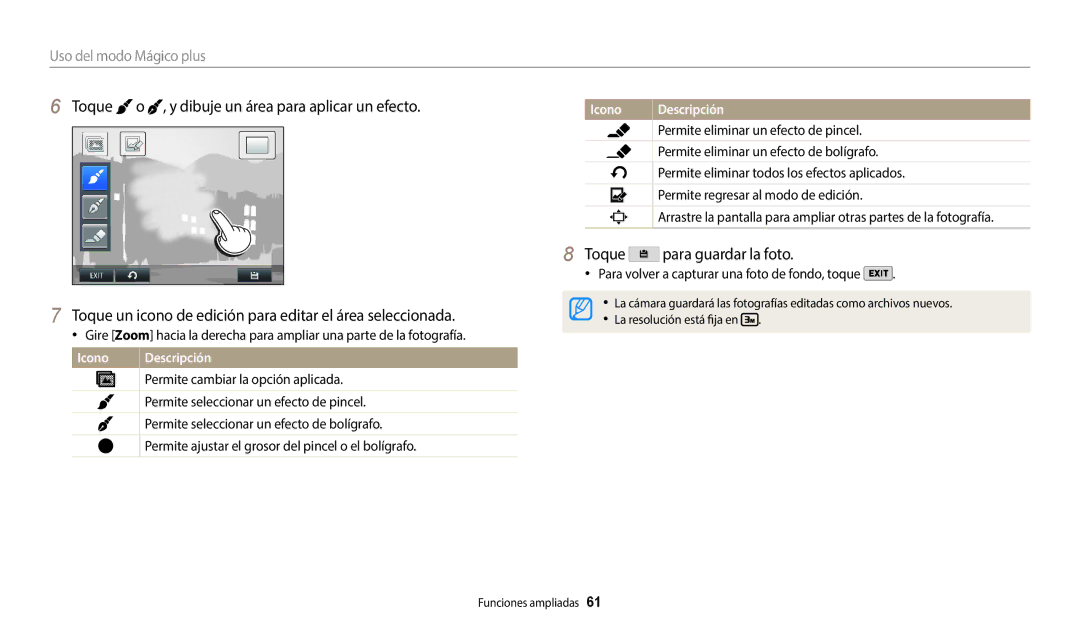 Samsung EC-WB352FBDWE1, EC-WB350FBPBE1 manual Permite cambiar la opción aplicada, Permite seleccionar un efecto de pincel 