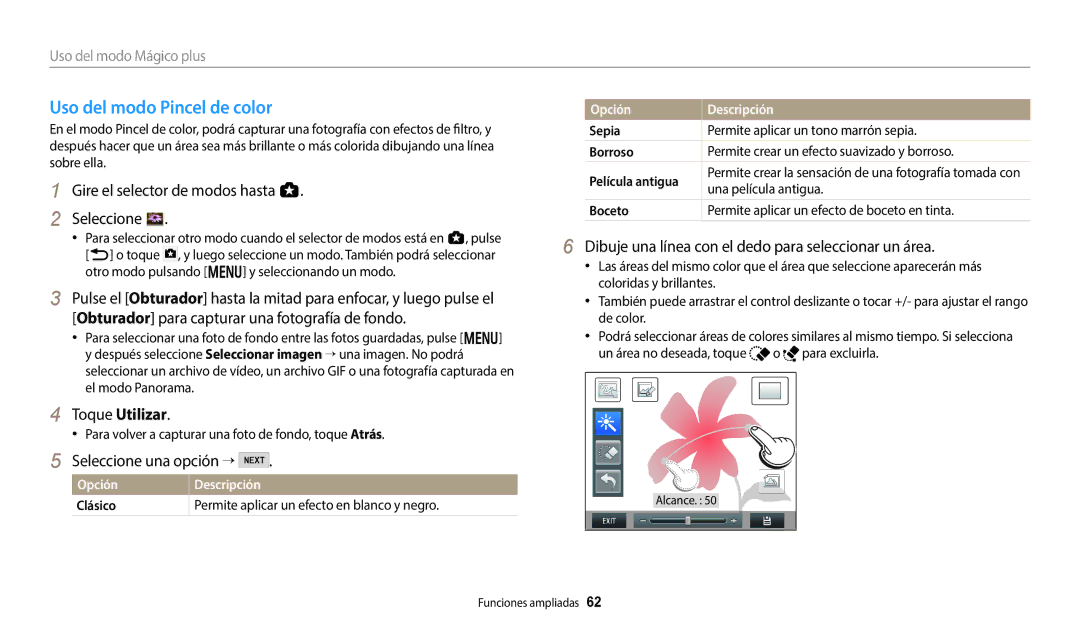 Samsung EC-WB50FZBPRE1, EC-WB350FBPBE1, EC-WB50FZBPWE1, EC-WB350FBPWE1 Uso del modo Pincel de color, Seleccione una opción → 